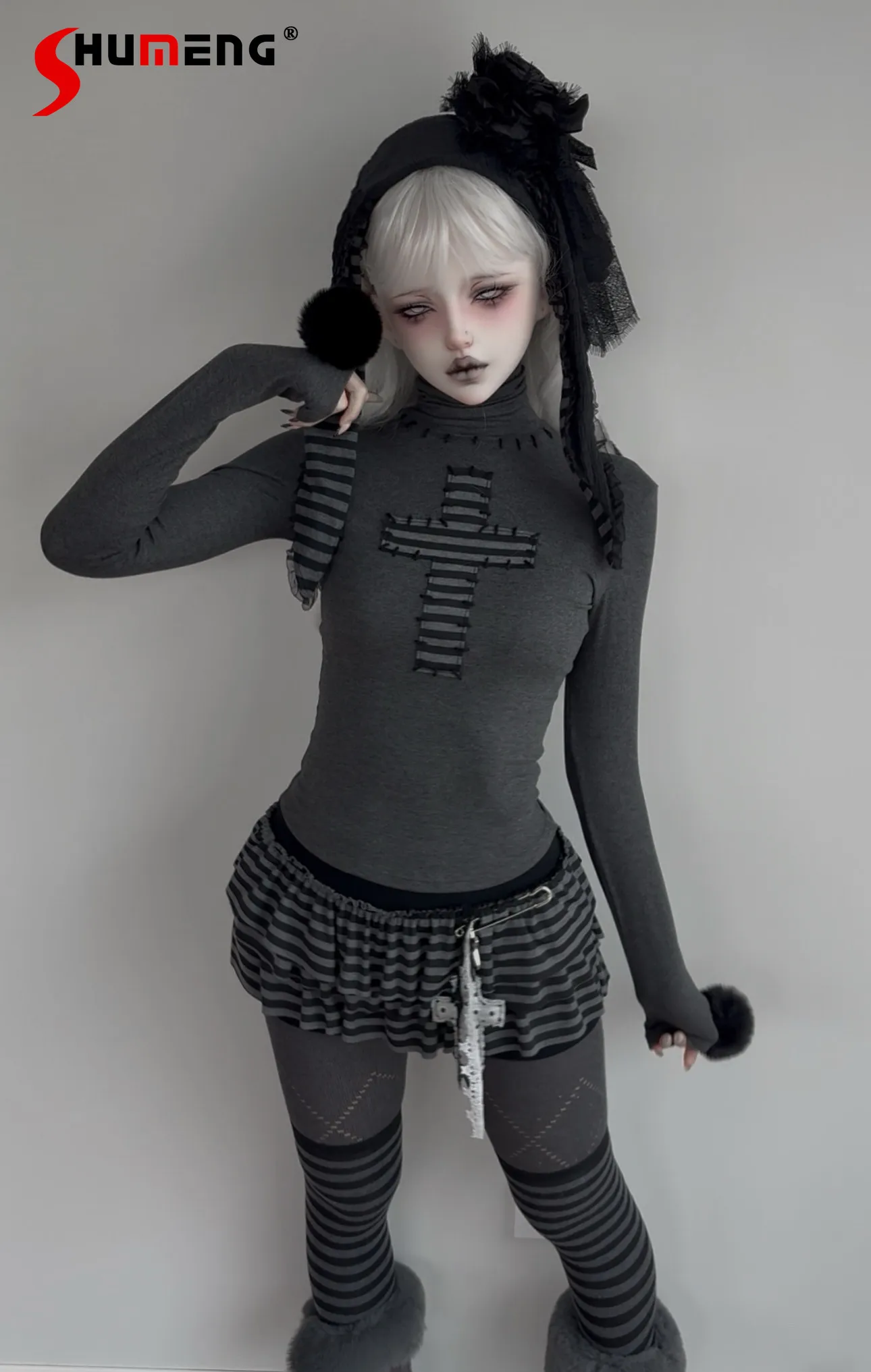 

Original Subculture Y2k Striped Long-sleeved Top Spring New Kawaii Girl's Sweet Cool Slim Top Shorts Outfit Bottoming Pullover