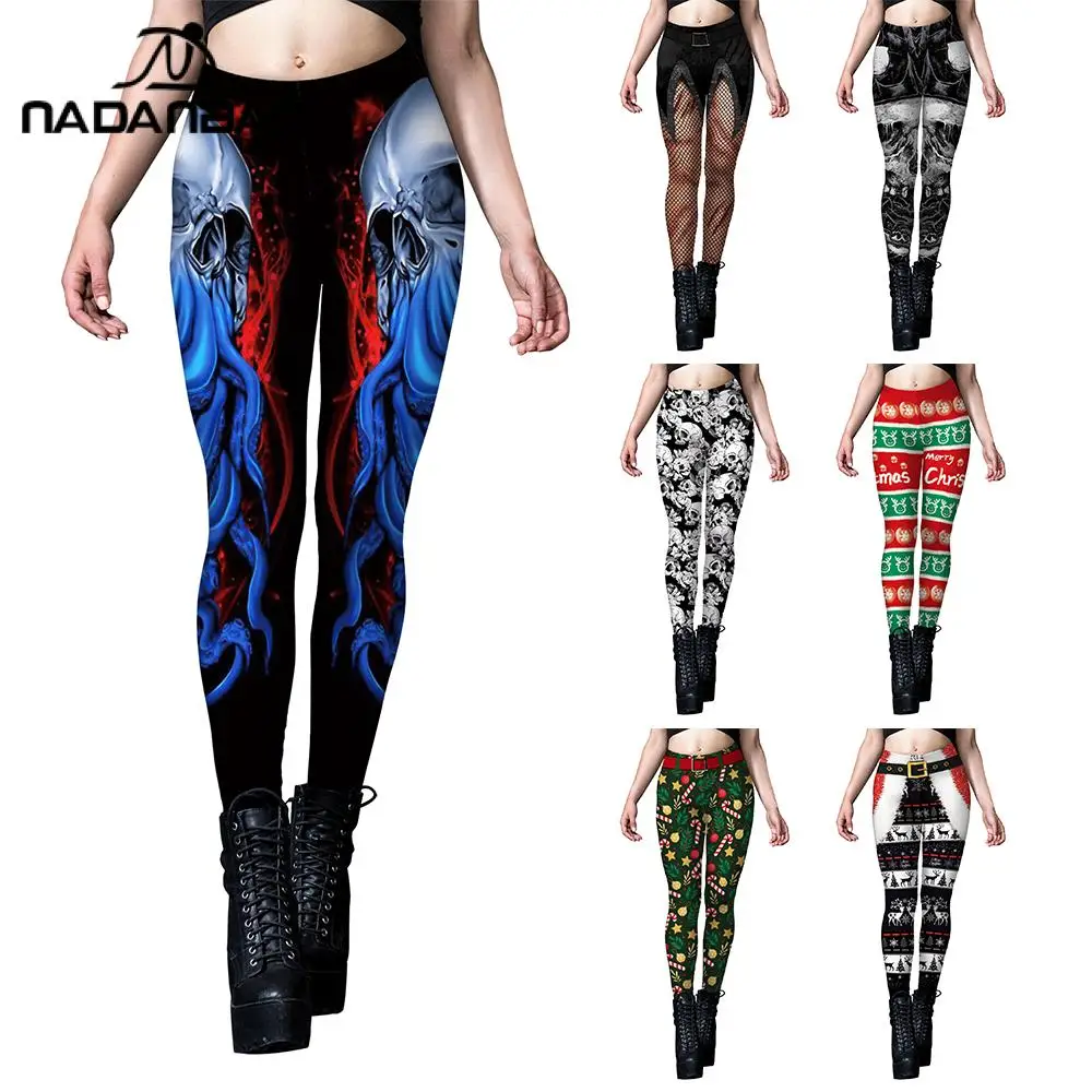 Nadanbao Kerstlegging Voor Dames Leggings Workout Hardloop Gymbroek Rekbare Casual Digitale Print Slanke Broek