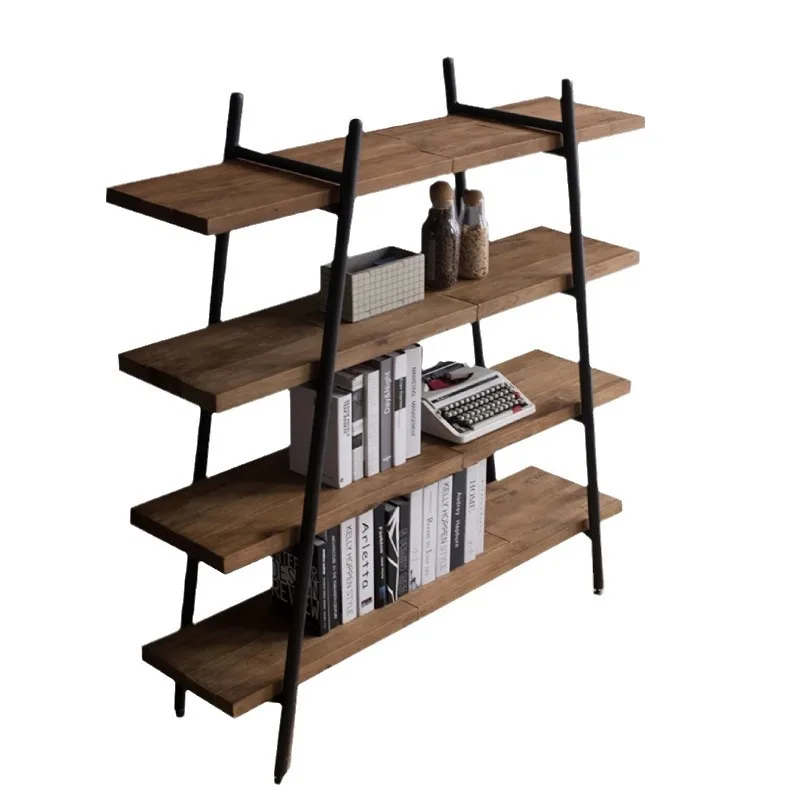 Log bookshelf Wrought iron shelf Floor to ceiling against the wall Simple solid wood living room Multi-layer one-word board