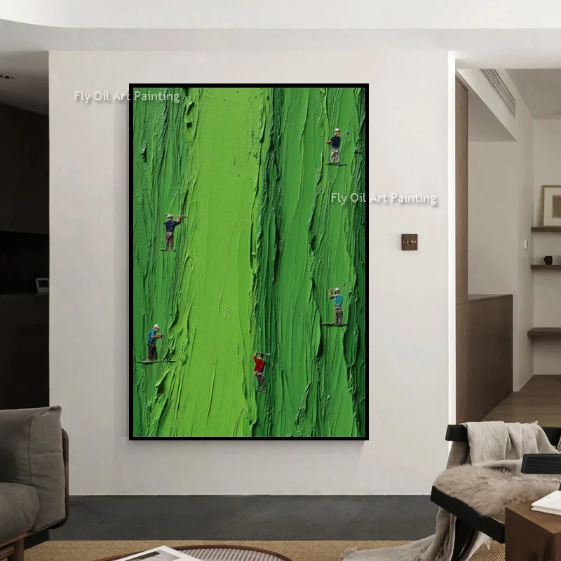 Abstract Fashion Wall Art Hand Drawn Green Golf Course Oil Painting New Green Yellow People Playing Golf Canvas Wall Art Decor