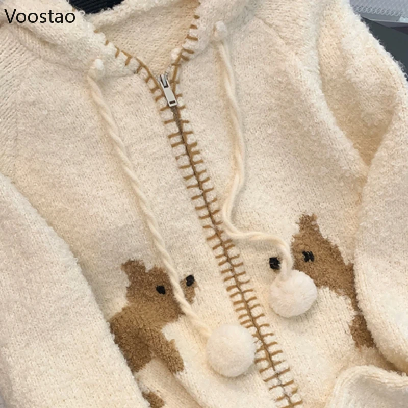 Sweet Knitted Cardigan Women Vintage Cartoon Doggy Hooded Zipper Sweater Coat Female Fashion Casual Loose Knitwear Jacket Tops