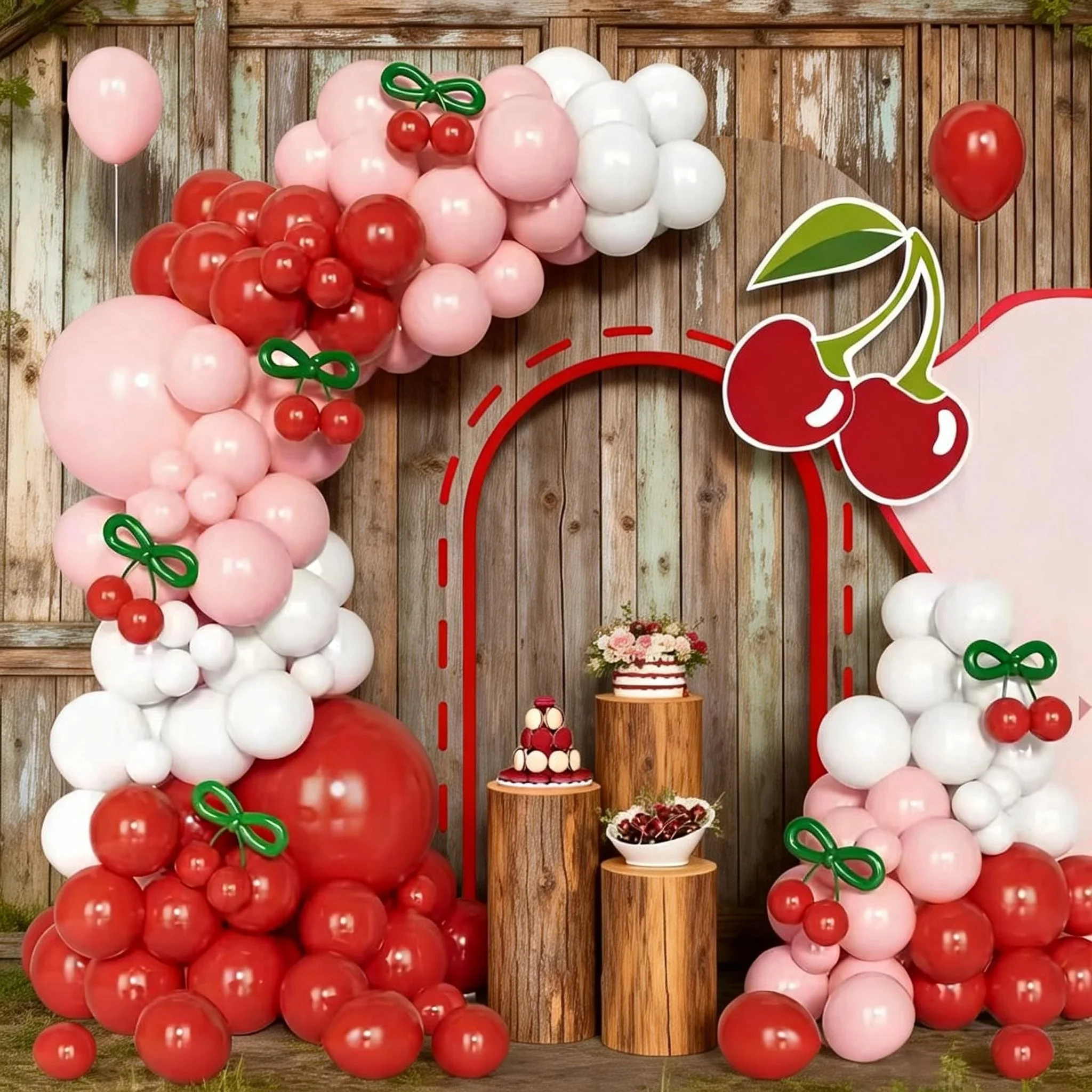 151-Piece Cherry Balloon Garland Arch Kit, White/Red Balloon Decorations, Suitable for Princess Birthday Parties, Showers, Weddings, Valentine's Day, Bridal Showers - Cherry Theme Party Decorations for Girls and Kids