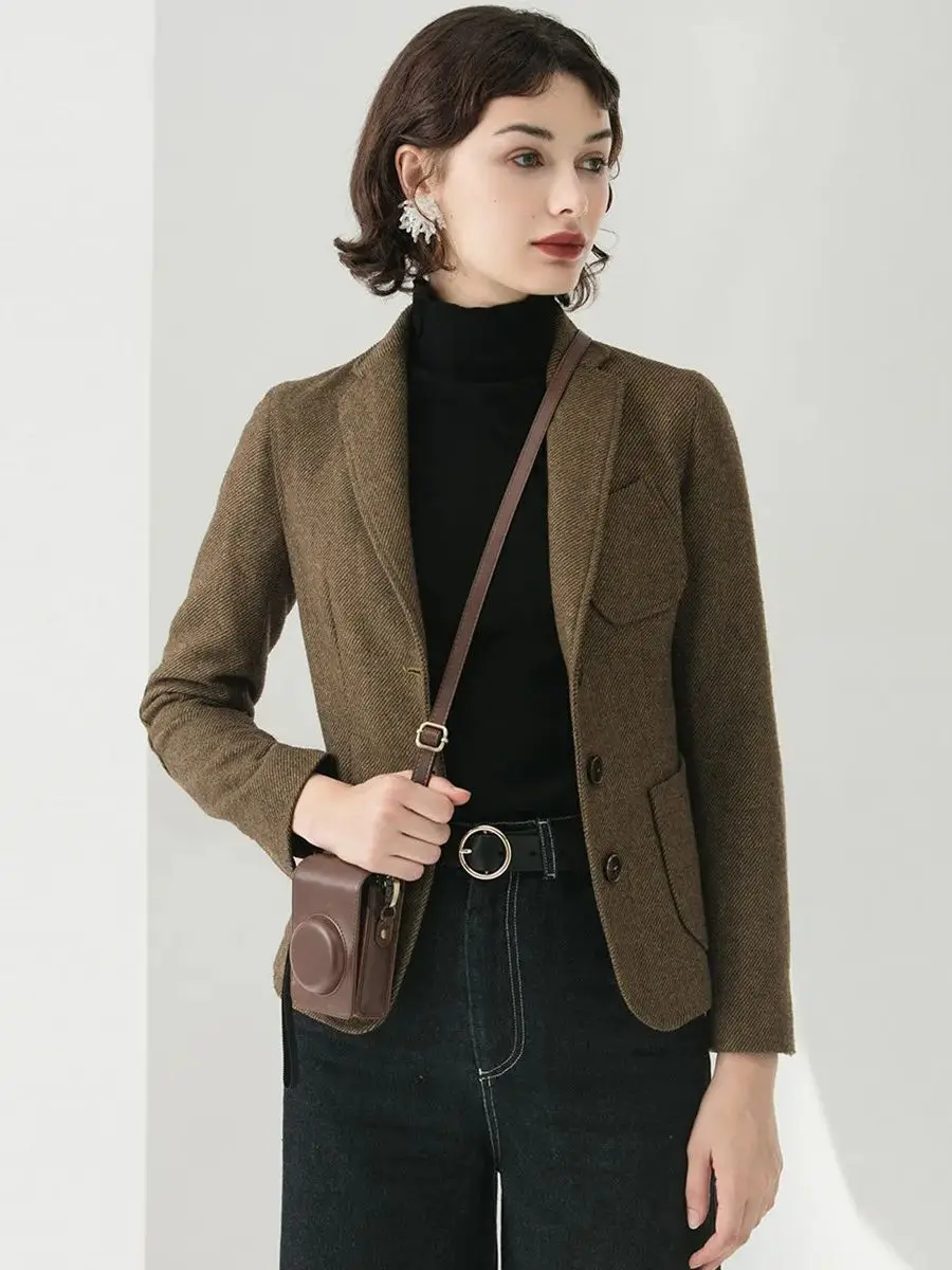 LOUIS YAO Womens Wool Blazer 2023 Autumn Winter Turn-down Collar Single Breasted Suit Office Lady Silm Fit Long Sleeve Jacket