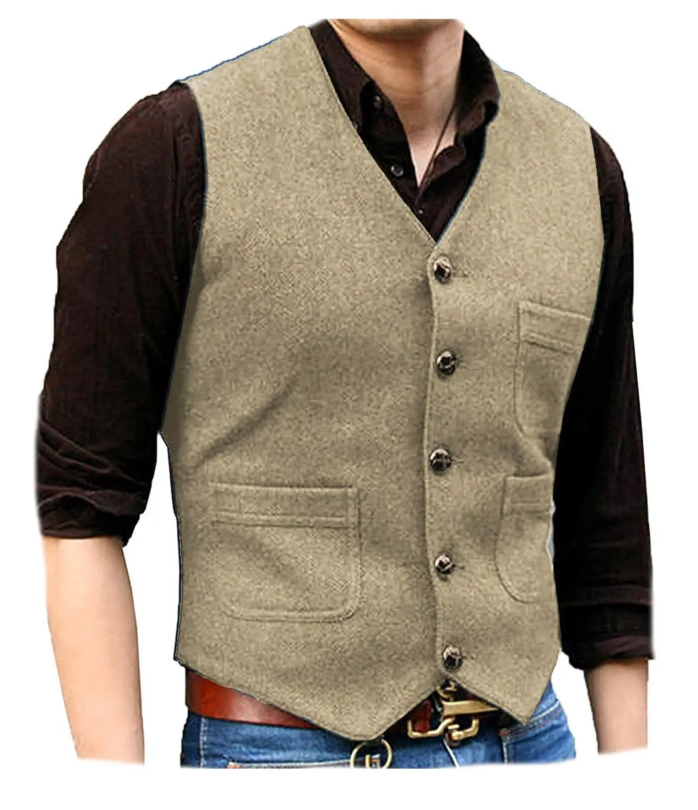 Men Herringbone Tweed Waistcoat V‑Neck Suit Vest Multi Pockets Casual Sleeveless Gilet For MenWedding Party Formal Business Wear