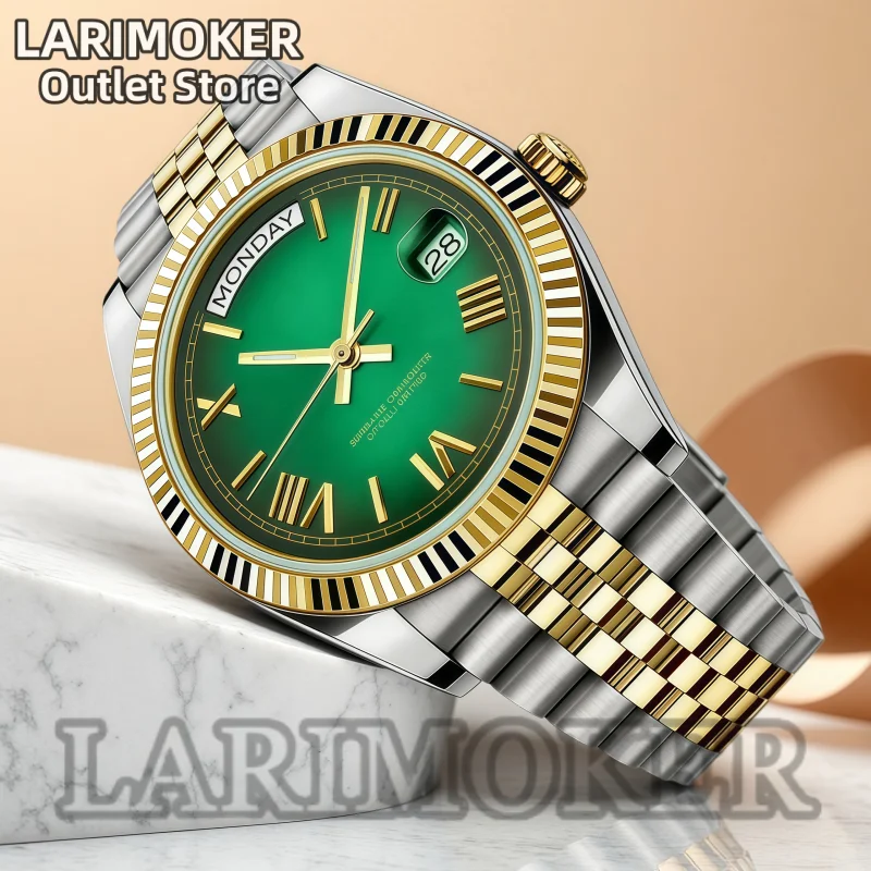 LARIMOKER 36mm 39mm Men's Automatic Watch Fits Miyota 8285 Two-Tone Gold Steel Band Day-Date Business Casual Luxury Wristwatch