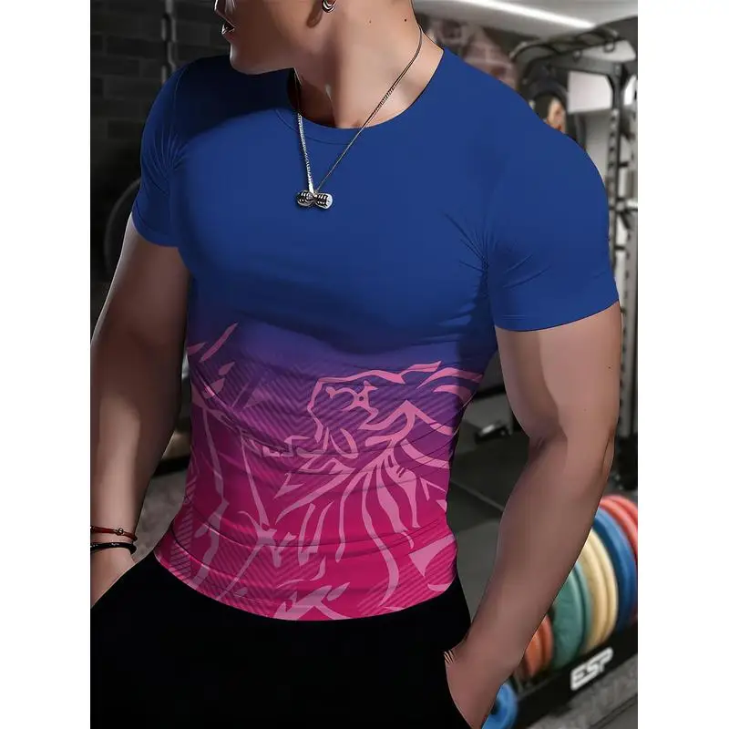 Western Style Print Men's Quick Dry Athletic T Shirt Stretchy Tight Muscle Emphasizing Fitness Wear Cycling Running Training