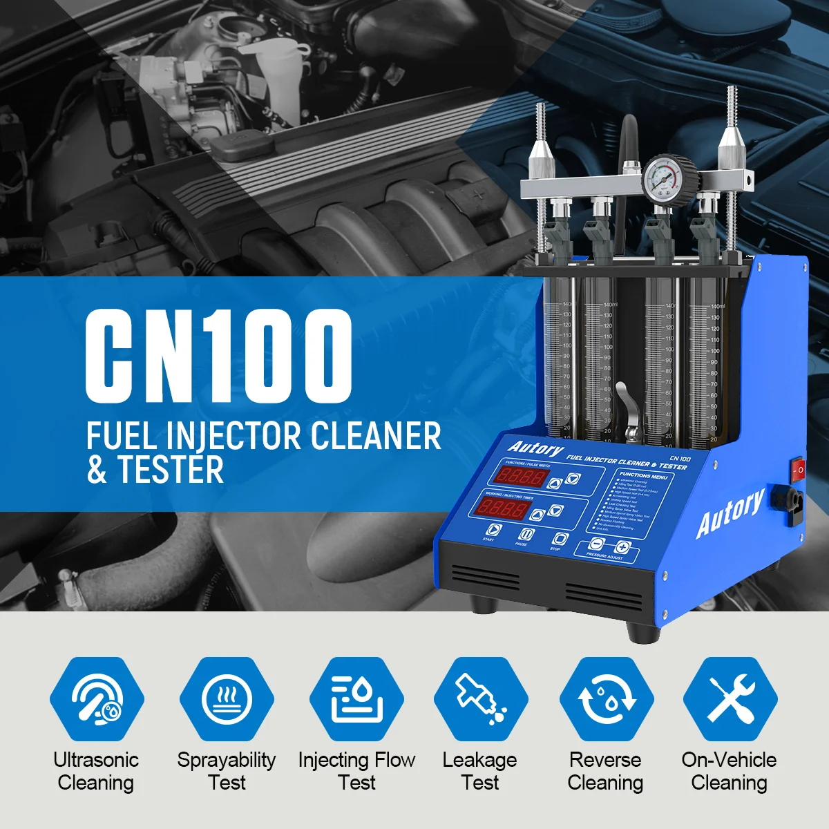 Autory CN100 Car Fuel Injector Tester Cleaning Machine Leakage and Block Test Motorcycle Injector Throttle Valve Spark Plug