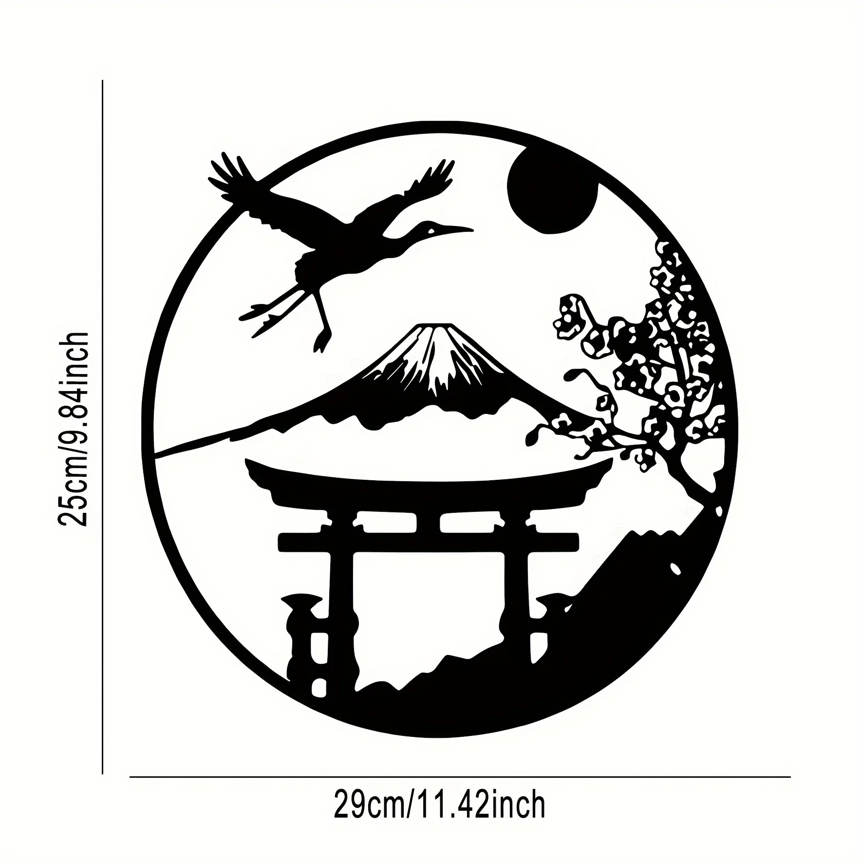 CIFBUY Metal Japanese Landscape Wall Art, 2D Flat Torii Mount Fuji Crane Iron Wall Decor, Oriental Circle Metal Wall Hanging