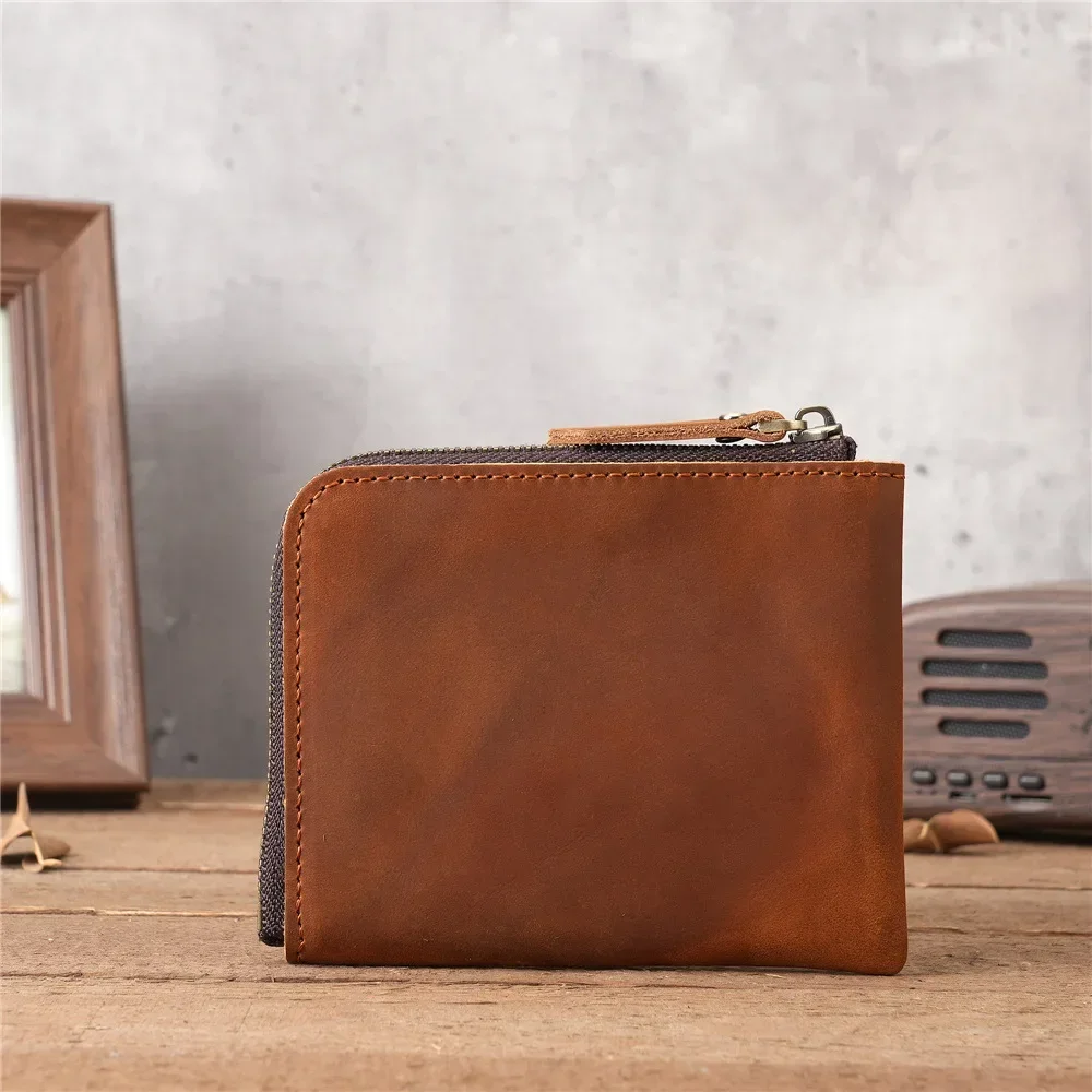 Portafoglio da uomo in vera pelle con cerniera Borsa porta carte semplice Portafoglio da lavoro Portamonete portatile in pelle di vacchetta di primo strato