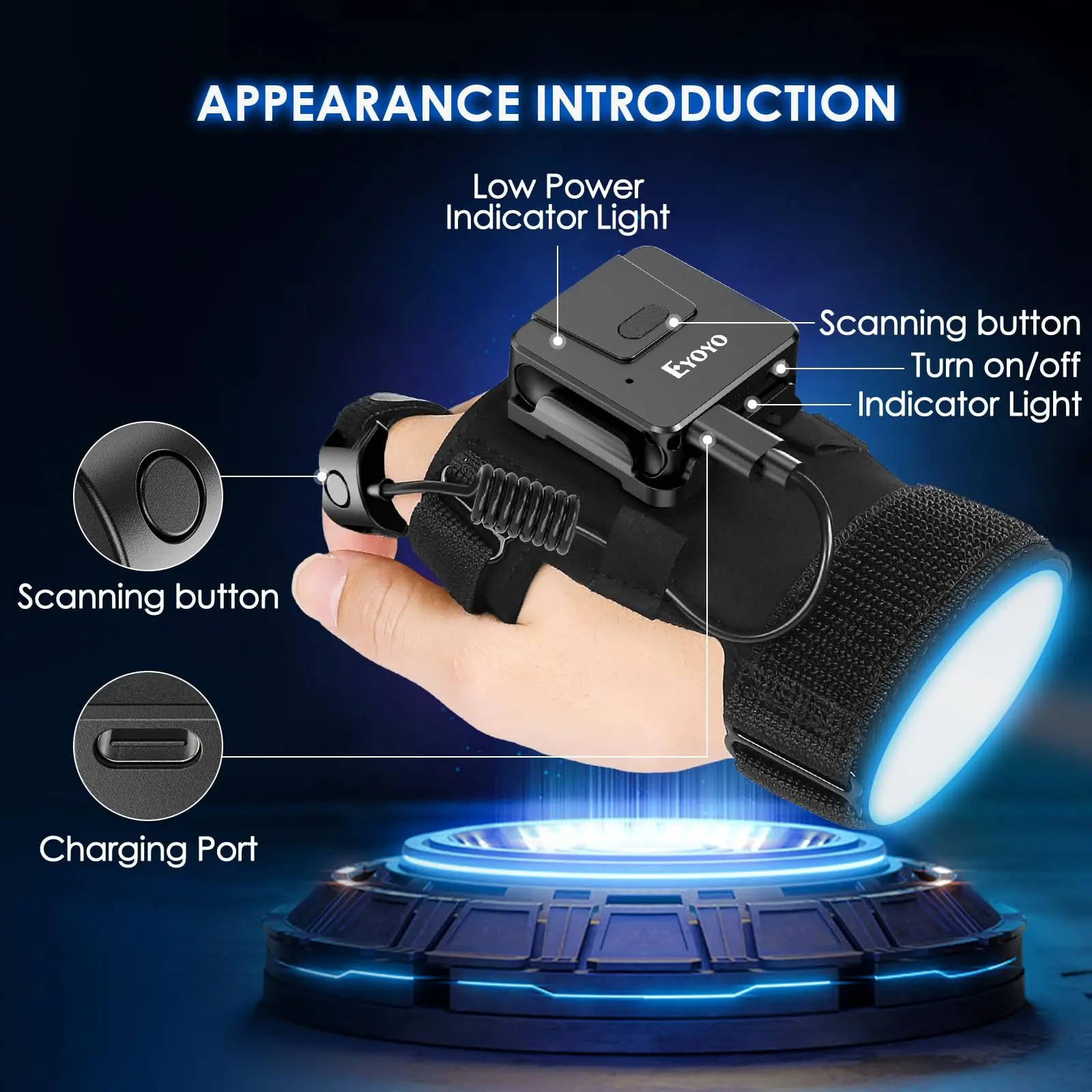 Eyoyo EY-027 Portable Wireless 2D Wearable Glove QR Code Scanner Finger Ring Bluetooth 1D Barcode Scanner Book Item Inventory