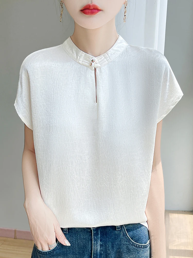 Silk Acetate Satin ort Sve T-irt Women's Stand Collar Button up Comfortable Simple Match All Season Chinese National S...