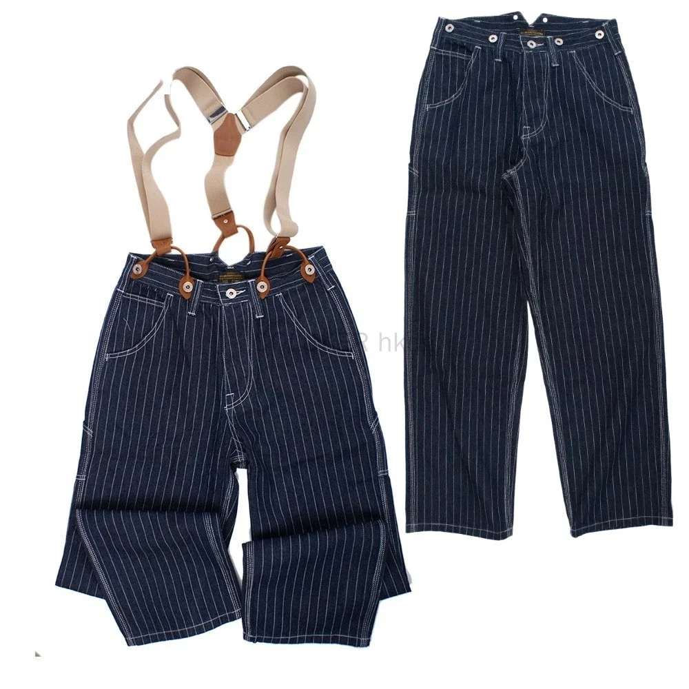 Vintage Railroad Stripe Denim Overalls for Men Adjustable Leather Straps Blue Denim Jeans Wide Leg Loose Work Cargo Pants