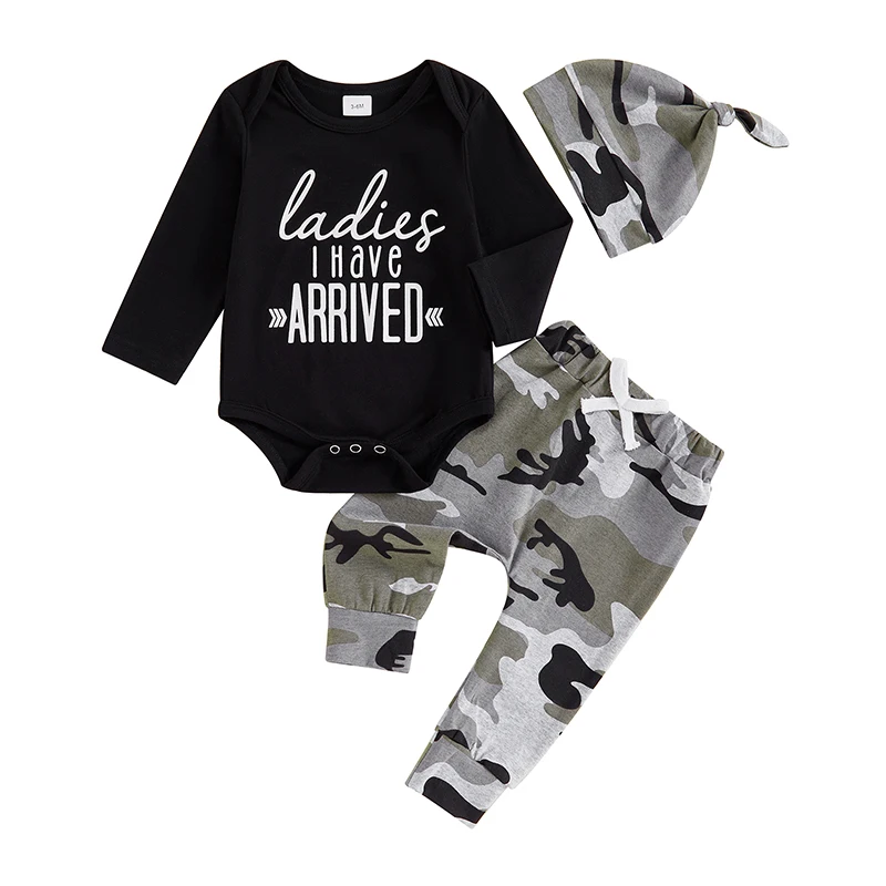 

Baby Boy Fall Outfit Letter Print Long Sleeve Rompers and Camouflage Elastic Pants Beanies Hat Set 3 Piece Clothes