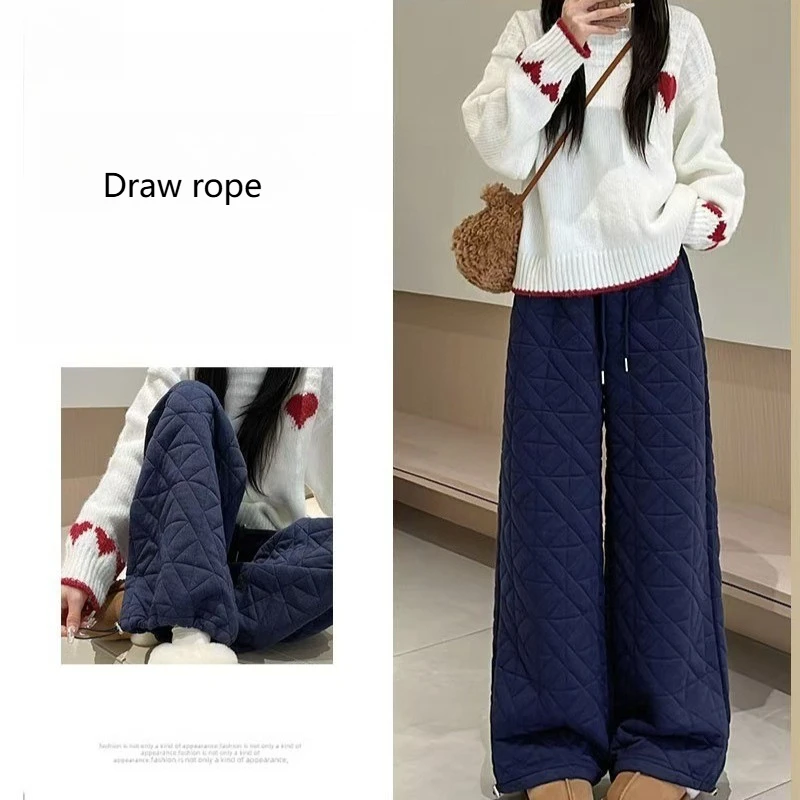 와이드 레그 코튼 퀼트 바지 여성 빈티지 격자 무늬 경량 방풍 오버 사이즈 바지 두꺼운 느슨한 Drawstring 스웨트 팬츠