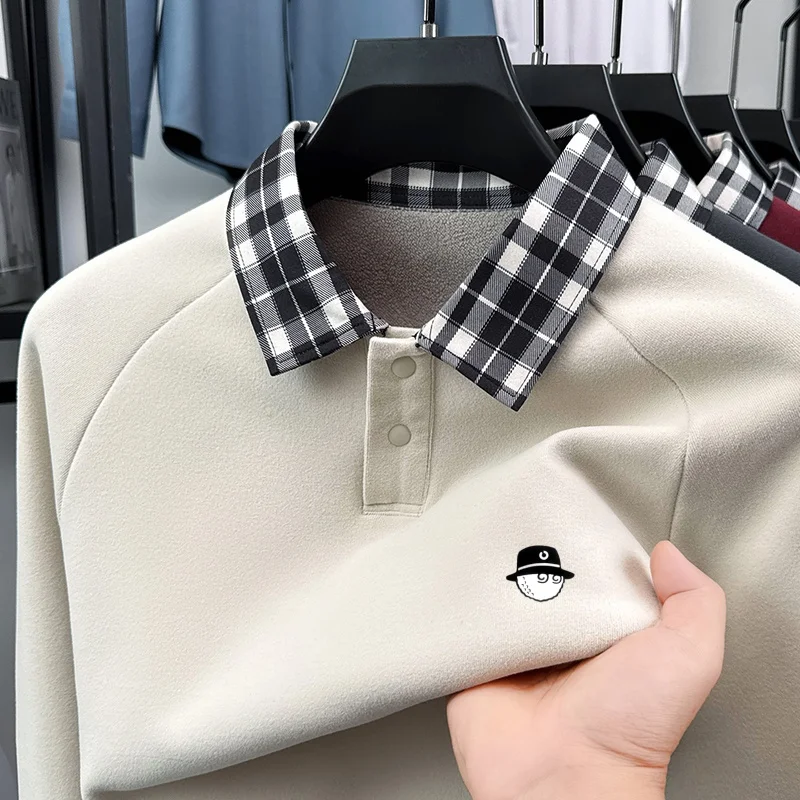 Men's Long Sleeved Polo Shirt for Autumn Winter Fashionable Collar Three Buckles Cartoon Print Leisure Velvet Fleece Men's Tops