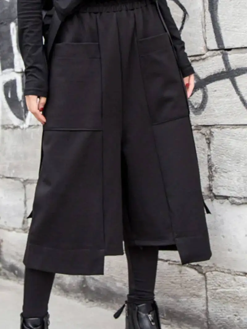 High Elastic Waist Black Pockets Iregular Pants New Loose Fit Trousers Women Fashion Spring Autumn 2026 1DF