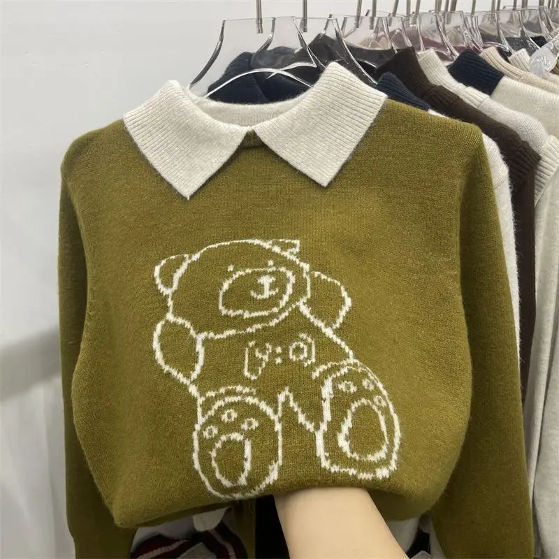 

Loose Slimming Jacquard Lapel Sweater for Women Autumn and Winter Bottoming Long-sleeved Sweater Top