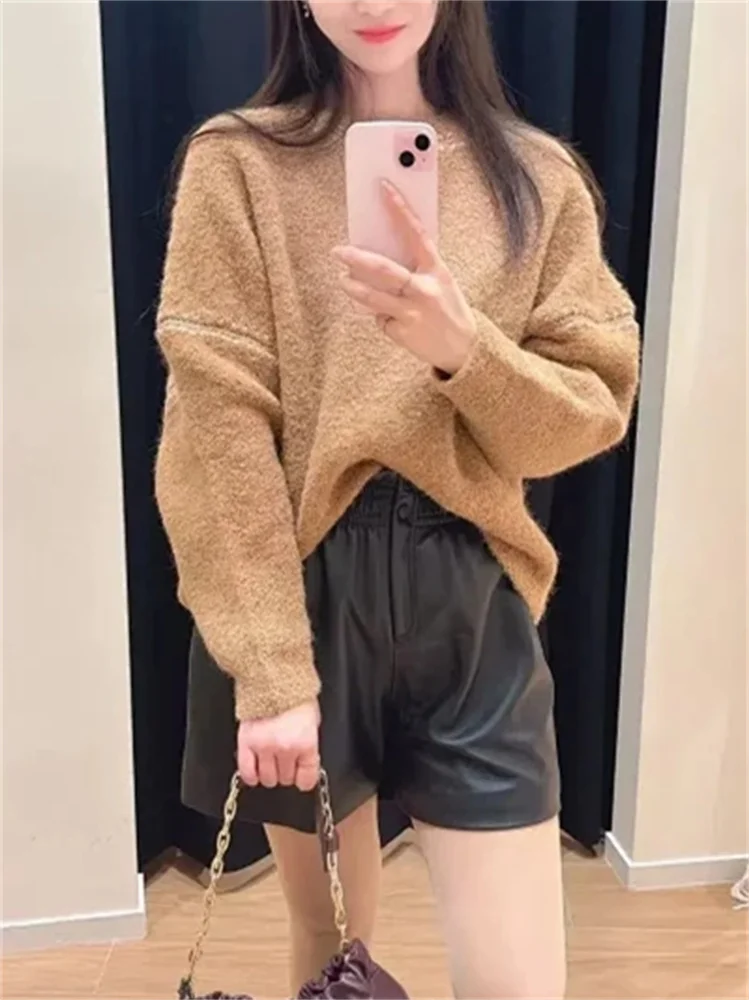 Women Solid Color Fashion Knit Sweater Crochet Spliced Round Neck Simple Casual Pullover All-Match