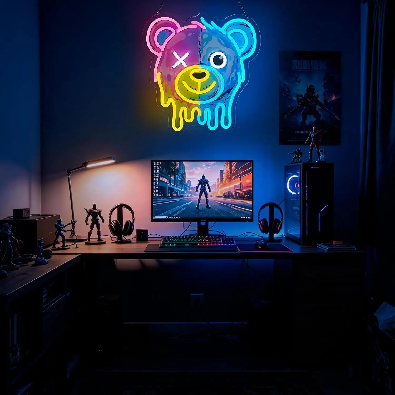 Two-Tone Bear Neon Sign USB Dimmable LED Light for Game Room Man Cave Kids Bedroom Trendy Streetwear Style Neon Wall Art Gifts
