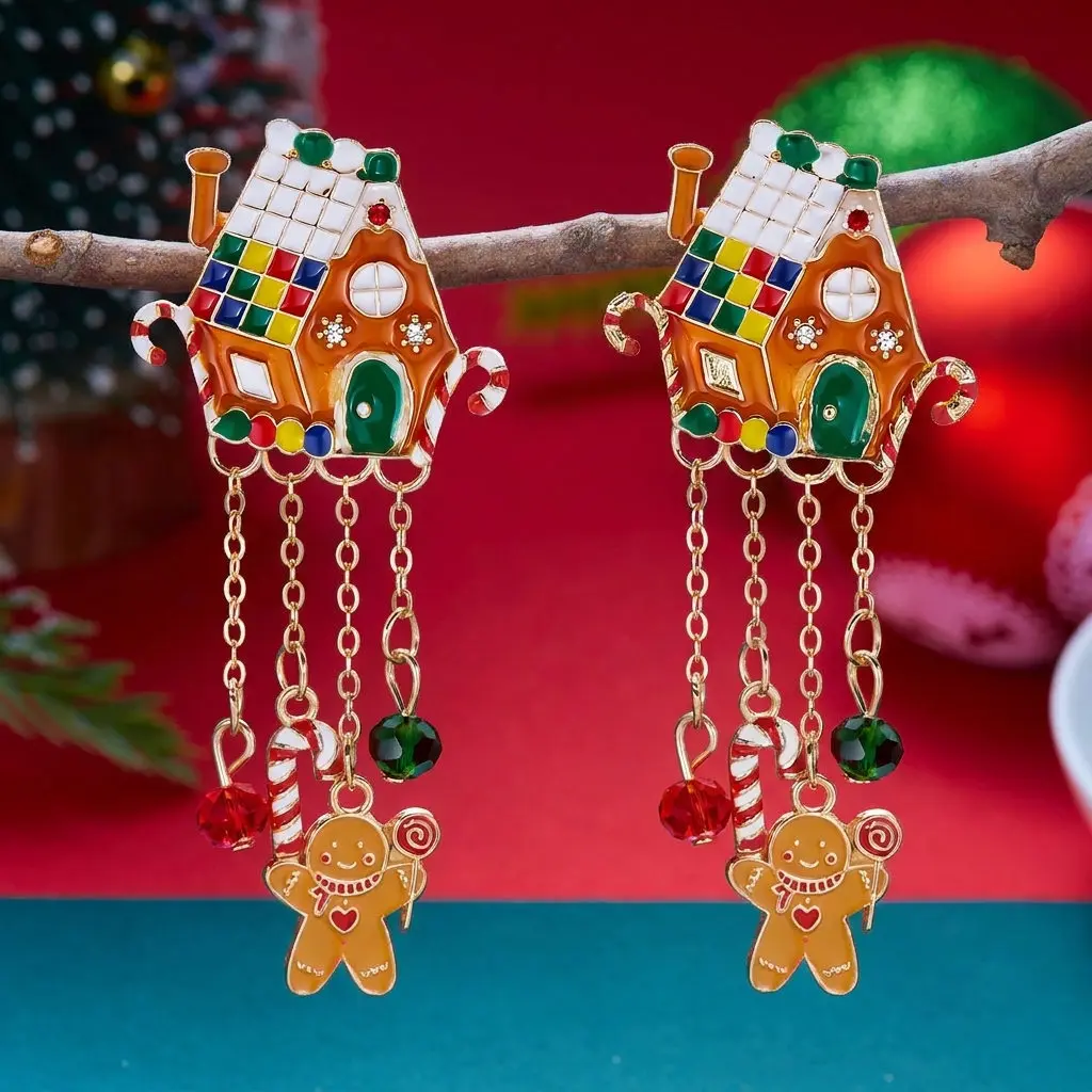 Festive Christmas Gingerbread House Tassel Earrings for Women Enamel Candy Cane Crystal Drop Dangle Holiday Party Jewelry Gift