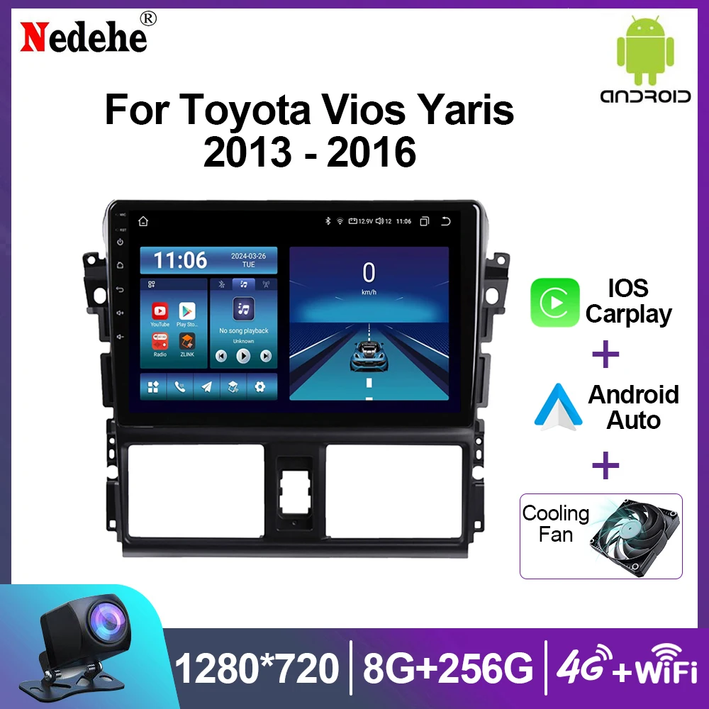 Android 14 Wireless Carplay Auto For Toyota Vios Yaris 2013-2016 Car Radio Multimedia Player Stereo Wifi GPS Navigation Headunit