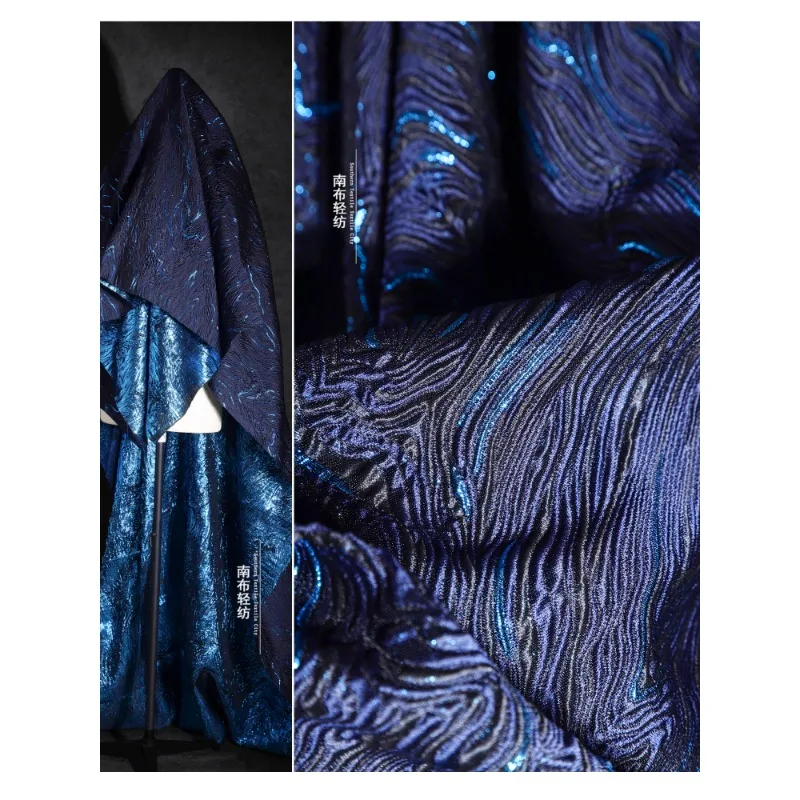 Deep Blue Sea Gold Silk Shimmering Jacquard Cotton Fabric Pleated Three-dimensional Texture Coat Suit Clothing Designer Fabric