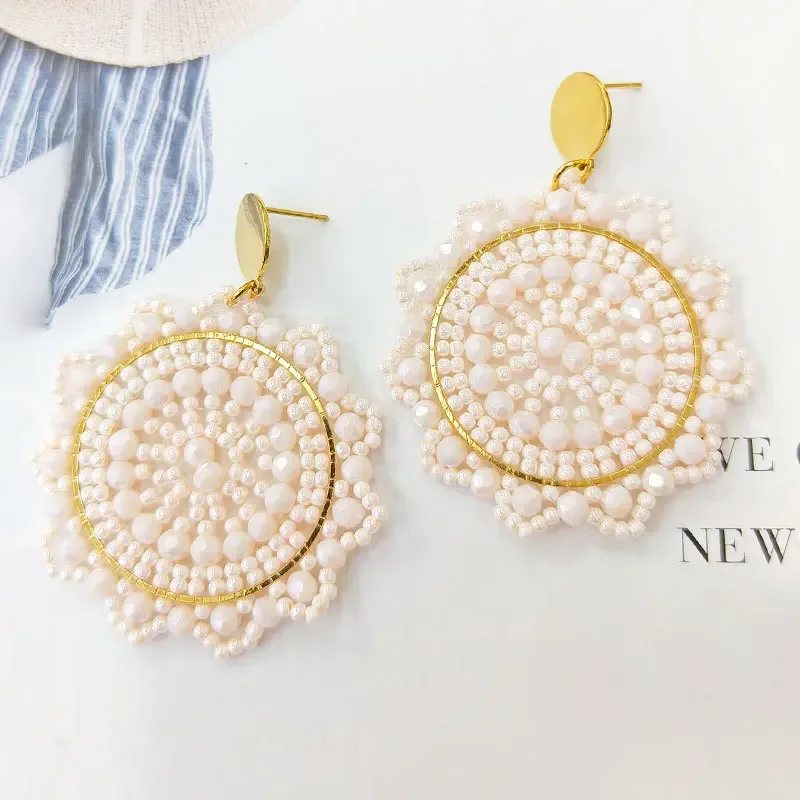 Bohemia Rice bead earrings Circle Off-white Crystal Personality Female Hand weaving Alloy Ethnic style Beaded earrings