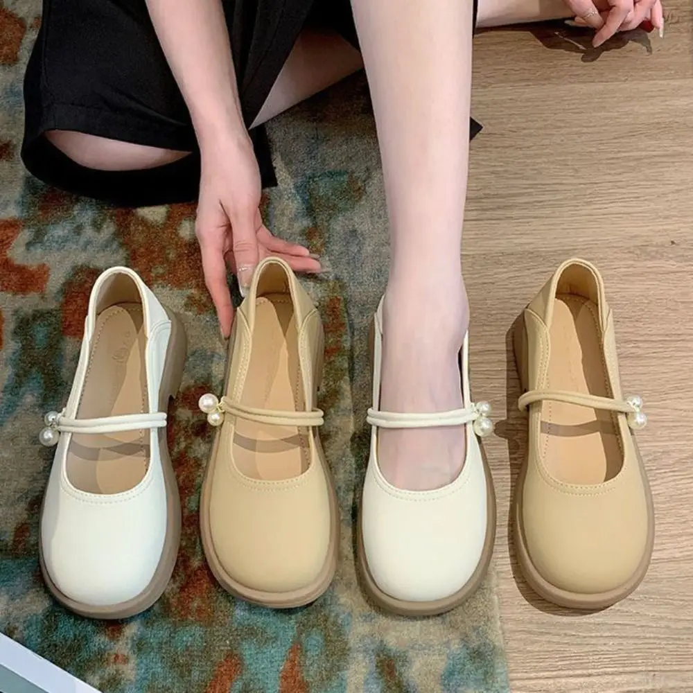

Жемчужные туфли Мэри Джейн из искусственной кожи, противоскользящие туфли на плоской подошве с круглым носком, уличная одежда в британском французском стиле, женские балетки на плоской подошве с квадратным носком