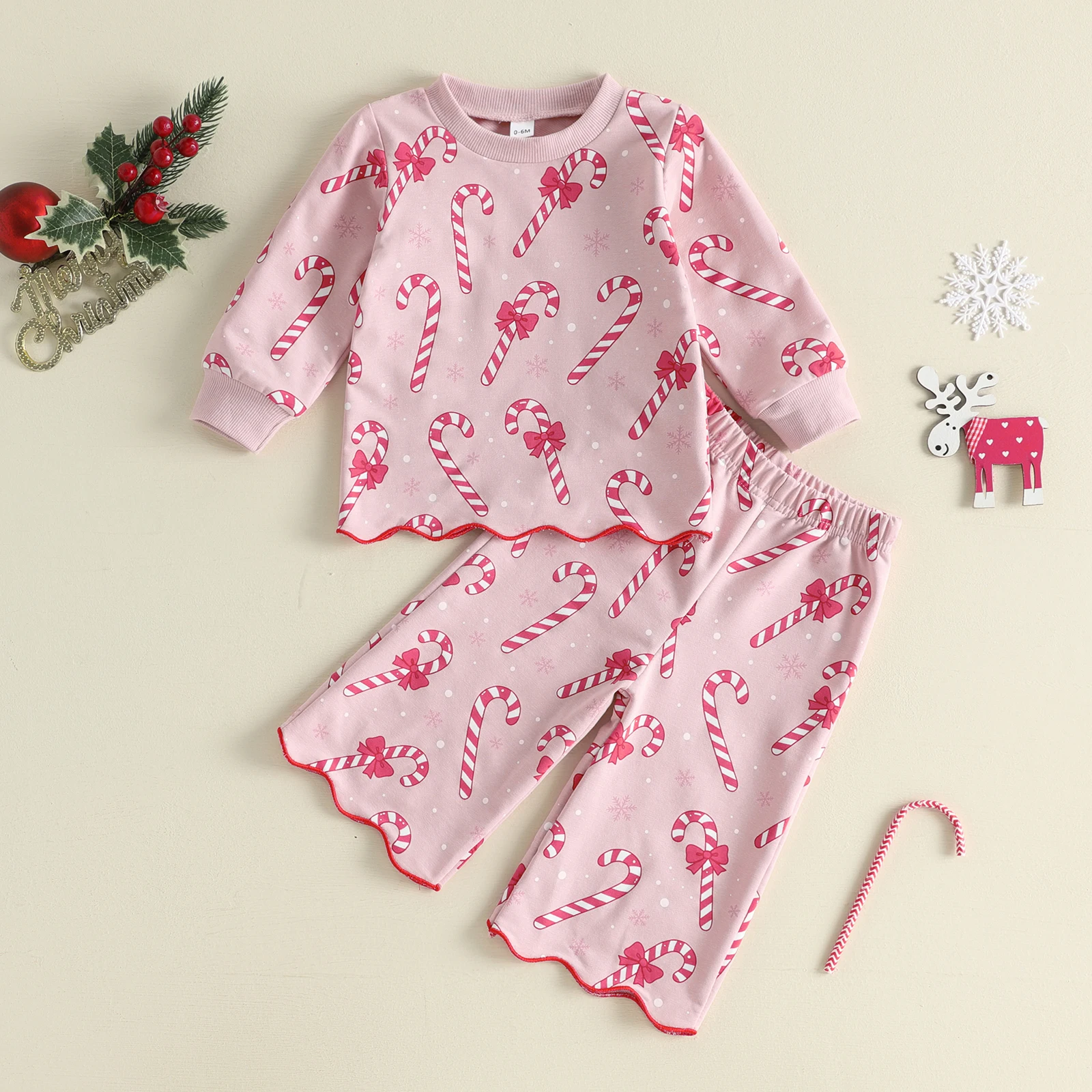 Tregren Toddler Infant Girl Christmas Outfits Cute Candy Cane Print Long Sleeve Tops and Long Pants 2pcs Sets Fashion Clothes