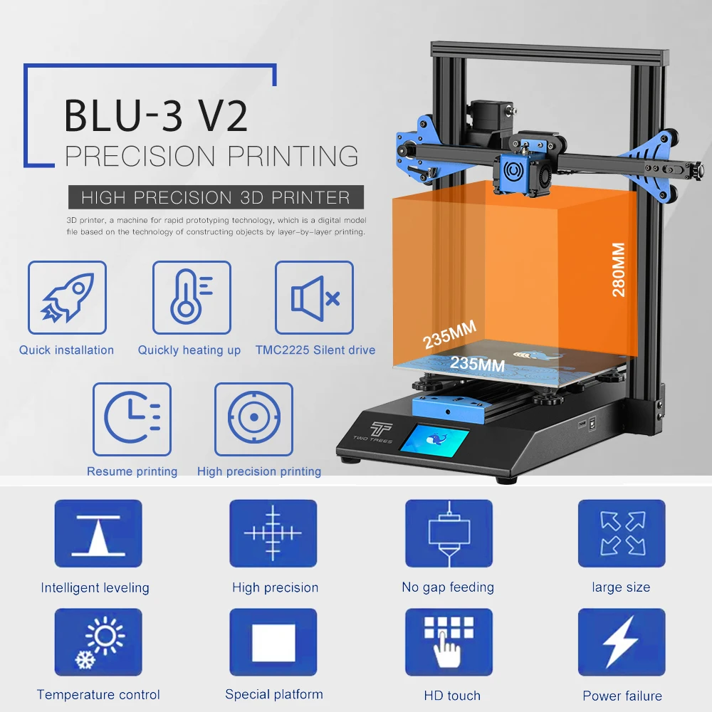 Twotrees Blu-3 V2 I3 3D Printer FDM 3D принтер Printing Masks 3d Diy Kit 3.5-Inch Color Touch Screen TMC2225