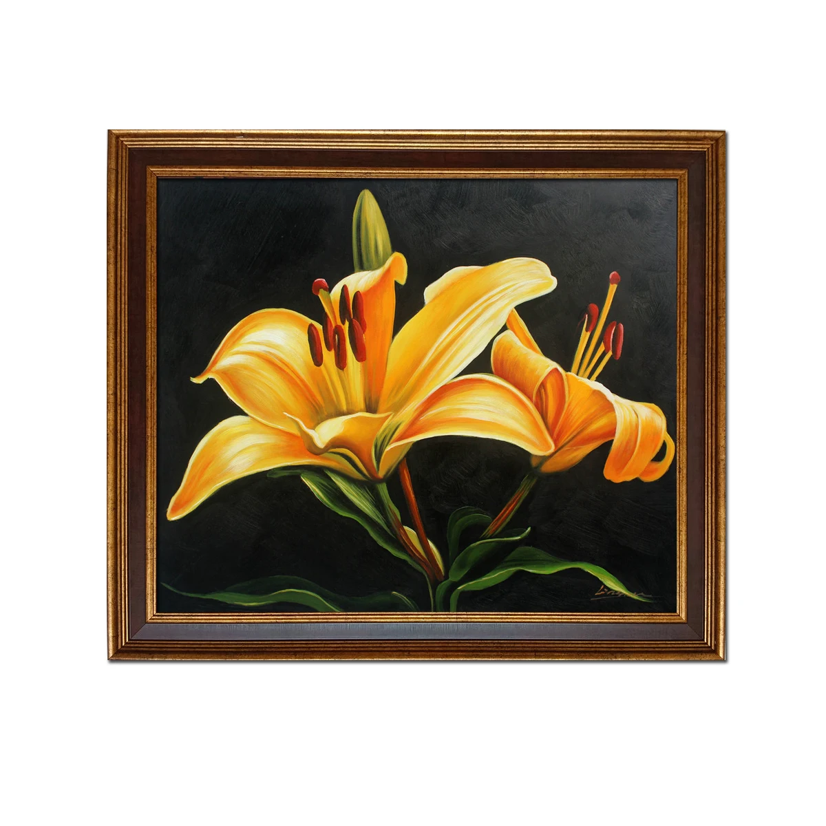 

Golden Framed-Hand Painted Still life Yellow Lilies Flowers Oil Painting Reproduction on Canvas Modern Wall Art Home Decor