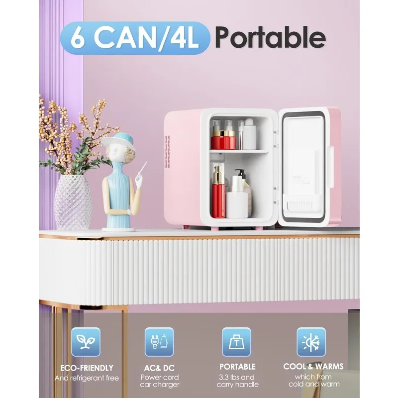 4L Skincare Fridge With LED Light Mirror, for Bedroom, Car, Office & Dorm, Cooler & Warmer, Portable Small Refrigerator