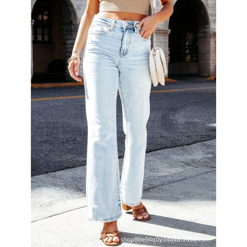 

Cross-Border European and American Light Blue Stretch Denim Narrow Wide-Leg PantsTEMUAmazonSHEINForeign Trade Factory Overseas W