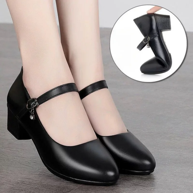 2025 New Women's Medium Heel Pumps - Soft Leather Non-Slip with Adjustable Buckle, Comfortable for Daily & Casual Wear