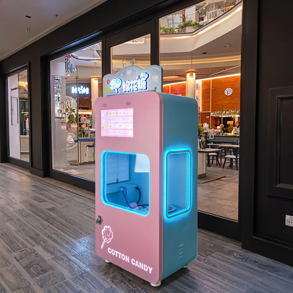 Customized Fashionable Pink Cotton Candy Vending Machine Automatic Robot Design for Outdoor Mall Use Coin-Operated