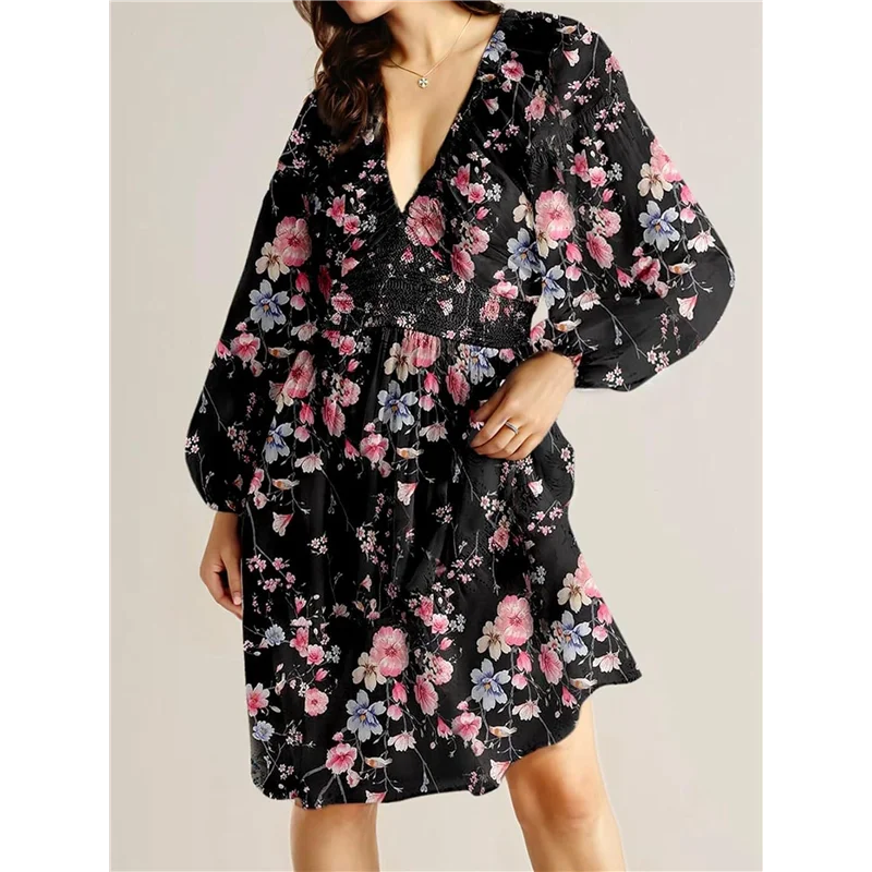 CYL-Fall Dresses For Women Boho Floral V Neck Long Sleeve Smocked Elastic Waist Casual A-Line Mini Dress Sundress