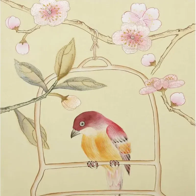 Classic Birds & Flowers Orient Style Hand-made Embroidered Wallpaper