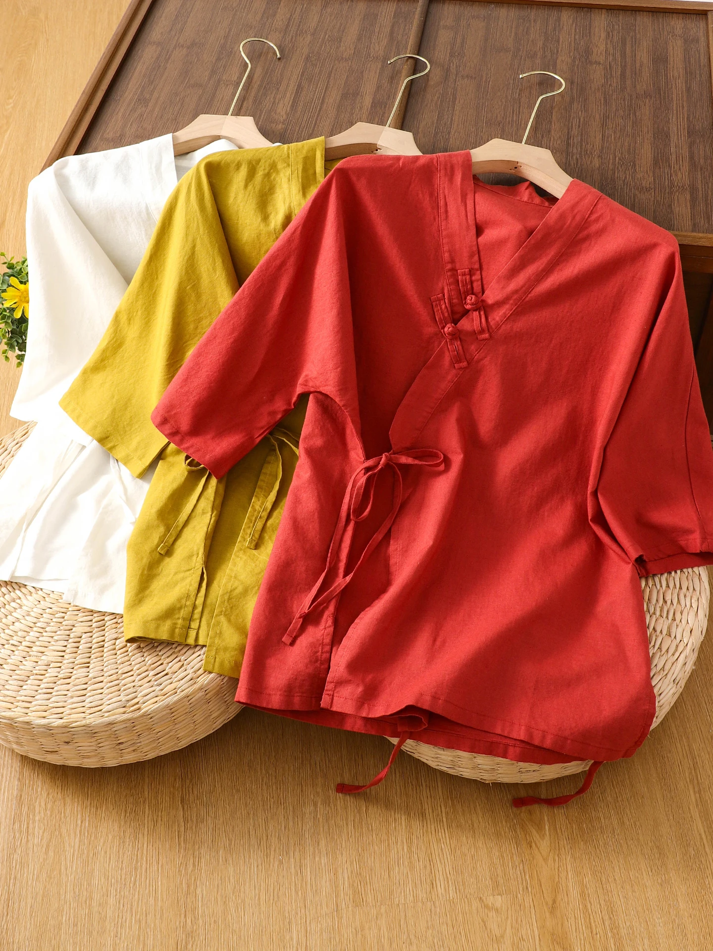 레트로 중국 스타일 면 린넨 반팔 셔츠 여성 여름 민족 스타일 오비 타이 사이드 버튼 티 의류 탑