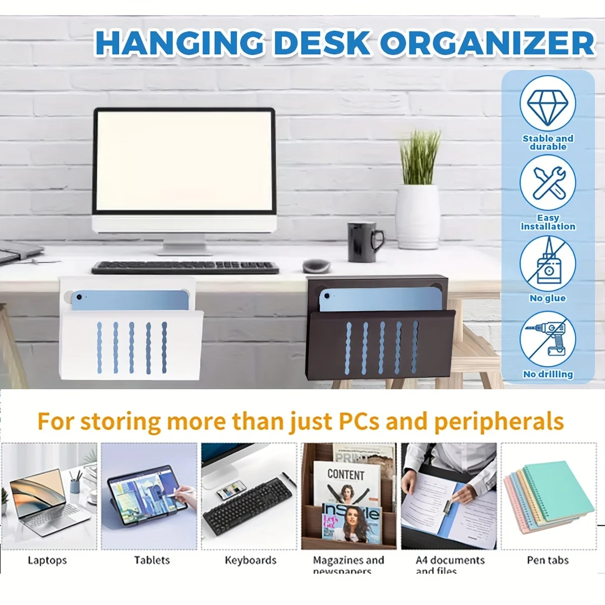 Desk Side Storage Under Desk Laptop Mount Hanging Organizer No Drill Cable Management Tray Magnetic Pen Holder Home Office Use
