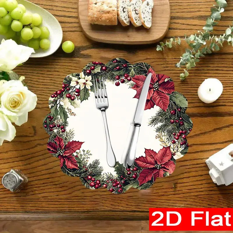 VIKAMA Xmas Poinsettia Evergreen Wreath Placemat White Backdrop Scalloped Edge Red Blossom Holly Leaf Berry Festive Table Mat