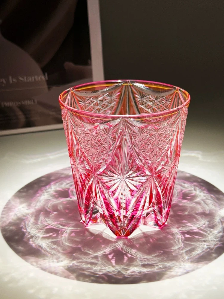 240ml Pink Whiskey Glass Hand Carved Chrysanthemum Star Pattern Edo Kiriko, Japanese Crystal Tumbler Gift for Wife Girlfriend