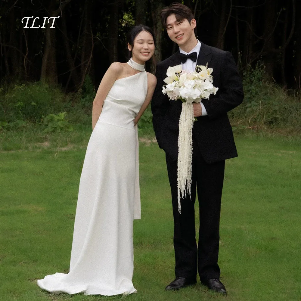

TLIT Simple White Silk Satin A-Line Wedding Dresses Customized Long Shawl Bridal Gowns Korea Wedding Dresses Photos Shoot