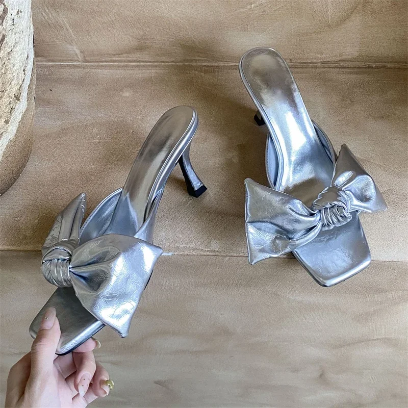 

Aneikeh Women Silver Bow Heeled Mules Square Toe Slip-On Sandals Slippers Elegant Summer Party Wedding Striptease Shoes