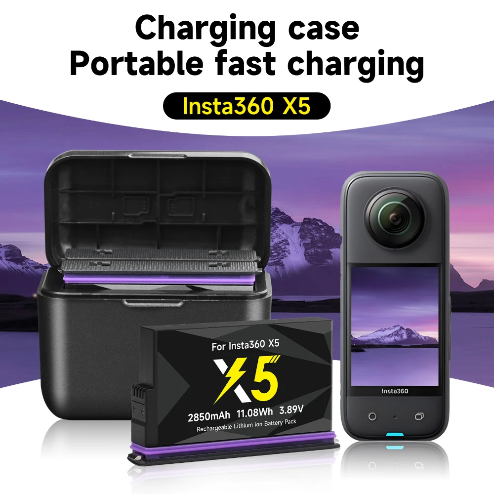 2850mAh High Capacity For Insta360 X5 Camera Battery-2-Slot LED Portable Fast Charger For Insta 360X5 Action Camera Accessories