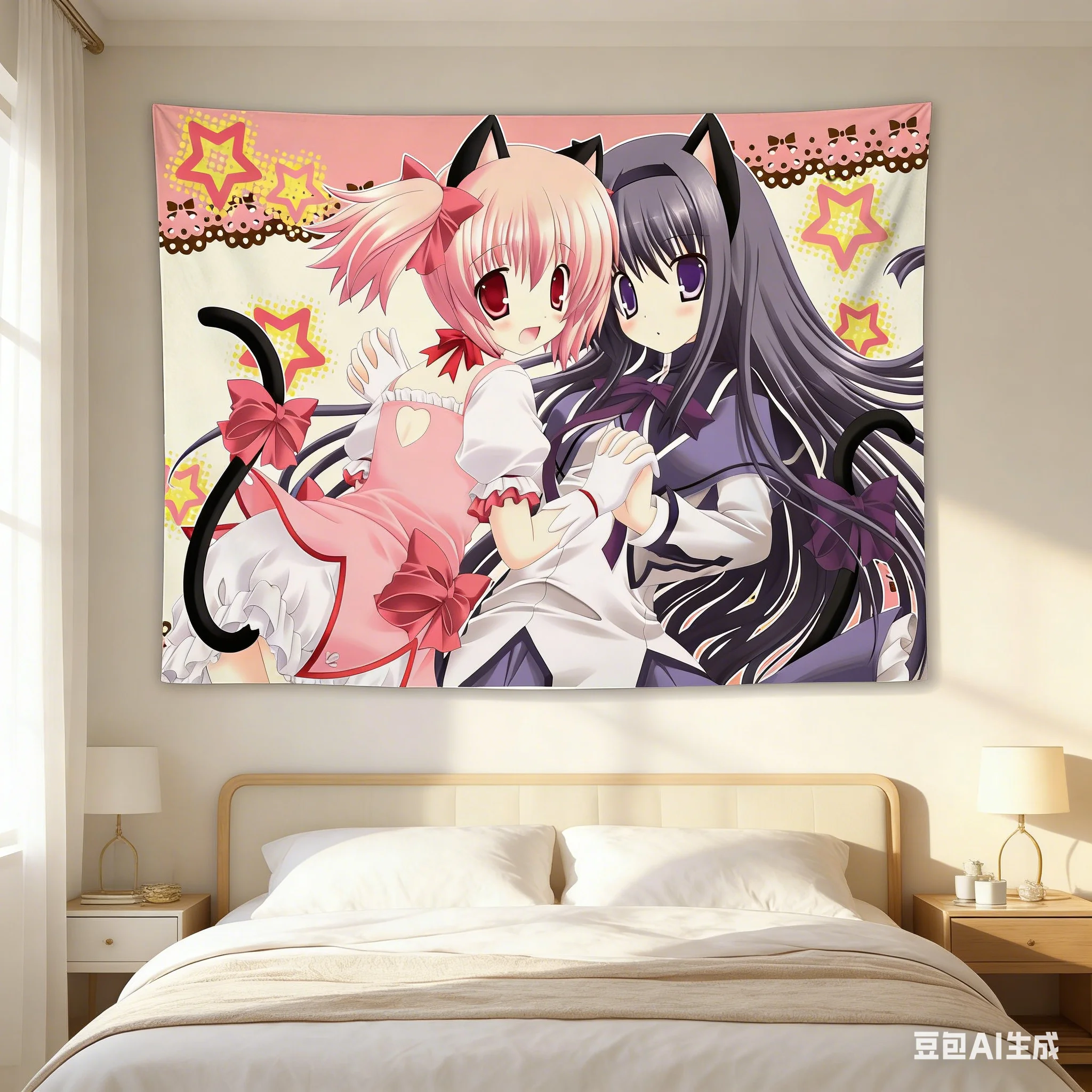 Tapiz Estrellado de Anime Madoka Neko para Niñas - Decoración de Pared de Poliéster con Orejas de Gato Kawaii para Dormitorio y Habitación de Anime
