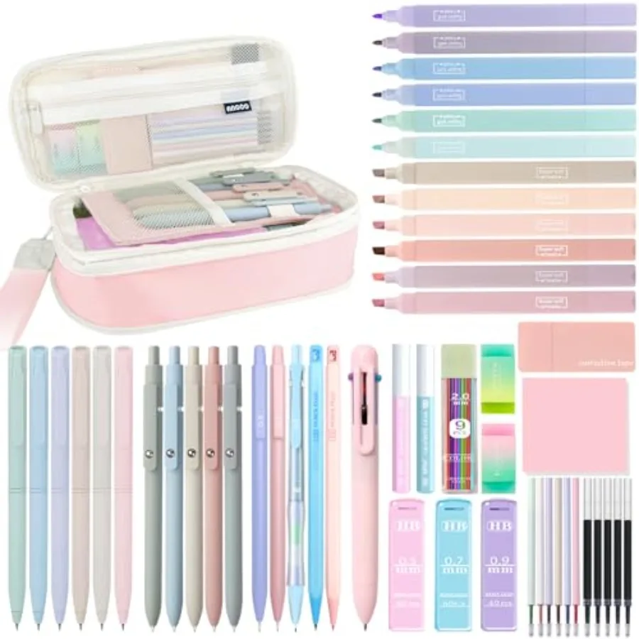 

54Pcs Aesthetic School Supplies Set with Large Pastel Pencil Case 12 Dual Tip Highlighters, 6 Gel Pens, 5 Black Pens, 5 Mechani