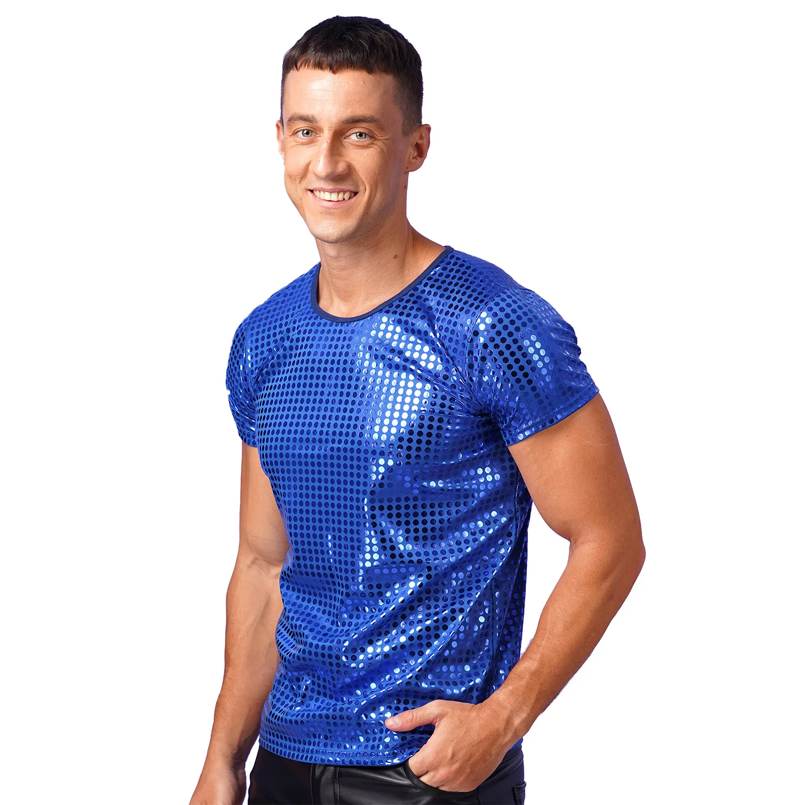 Mens Modern Jazz Dance Performance Costume Sparkle Sequin Dot T-Shirt Tops Round Neck Short Sleeve Nightclub Rave Costumes