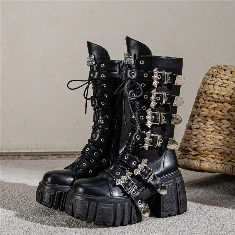New Trend Punk Western Style Round Toe Thick Bottom Metal Rivet Side Zipper Belt Buckle Sewing Women Boots Fashion Goth Shoes