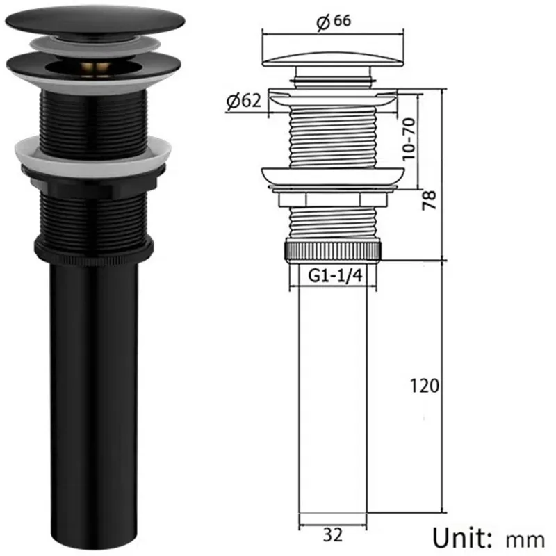 T21C Drain Stopper For Basins For Pop-Up Stainless Steel In Black