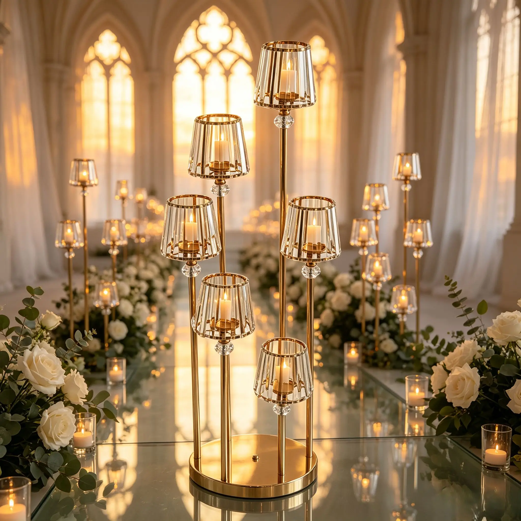 4pcs 6‑Arm Gold Metal Candelabra Round Base Crystal Pendant Cluster Candle Holder Wedding Banquet Xmas Table Centerpiece